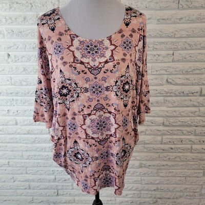 Agnes Dora Womens Top XL Tee Tunic Dolman Sleeve Pink Blue Mandala Lightweight - Image 1 of 4