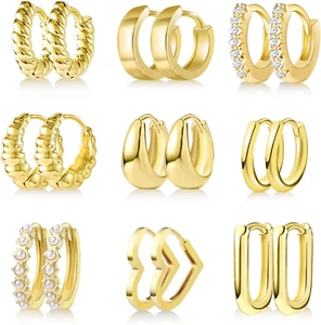 9 Pairs Small Gold Huggie Hoop Earrings Set Women 14K Gold Plated Hypoallergenic - Picture 1 of 11
