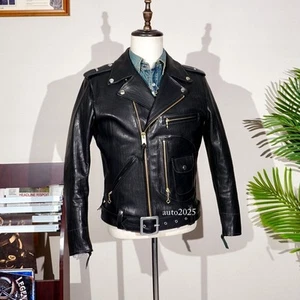 Mens Veg-Tanned Cowhide Motorcycle Jacket Wrinkled Leather Biker Double Riders - Picture 1 of 17