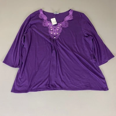 ESSENTIALS Tunic Top Women's Plus Size 4X Purple Lace Embellished 3/4 Sleeve NWT - Image 1 of 4