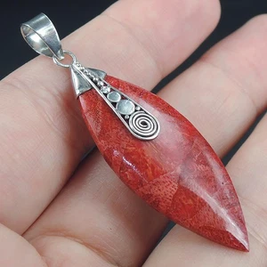 925 Sterling Silver Marquise Shape Natural Red Coral Pendant Jewellery, RCP-278 - Picture 1 of 7