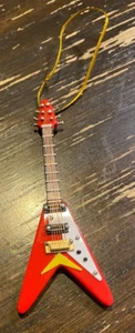 String Instrument Red Flying V Wooden Guitar  Tree Ornament 4 inches - Picture 1 of 2