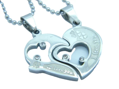 Ciondolo Collana Argento Cuori Doppio IN Abbinato Collana IN Acciaio Inox - Immagine 1 di 4