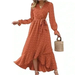 NWT orange detailed wrap dress tie waist size M v neck pleated aline long sleeve - Picture 1 of 5