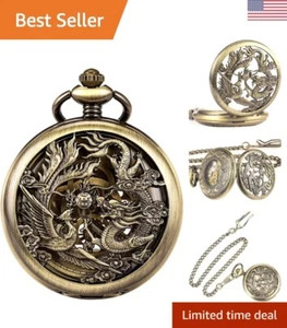 Mechanical Pocket Watch for Men Women Dragon and Phoenix Pocket Watch with Chain - Picture 1 of 8