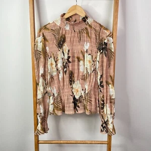Sheike Blouse Top Womens 8 Peach Floral Smocked Long Sleeve Mock Neck Stretch - Picture 1 of 12