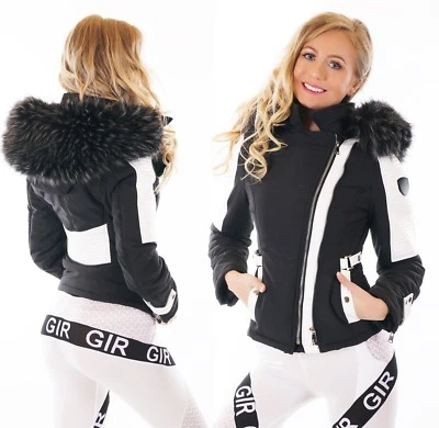 Winter Jacke Kunstleder Patches Kunstfell Webpelz Kapuze gefüttert schwarz weiß - Bild 1 von 4