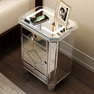 Silver LED Mirrored Nightstand End Table w/ Drawer, Door, USB, Wireless Charging - Picture 1 of 17