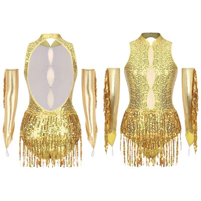 Women's Sequins Salsa Jazz Dance Tops with Tassels Gloves Gymnastics Outfits - Image 1 of 3