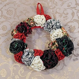 Fabric "Rose" Wreath - Handmade - Mixed Christmas Fabrics - 9 inches Wide - Picture 1 of 7