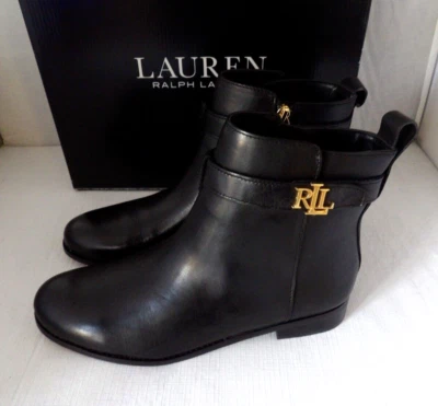 NWOB Authentic RALPH LAUREN BRIELE Black Leather Gold Tone Logo Women's Boots 9B - Image 1 of 4