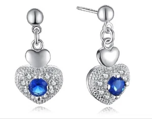 Silver Plated Romantic Love Heart Blue Crystal Stud Fashion Drop Dangle Earring - Picture 1 of 2