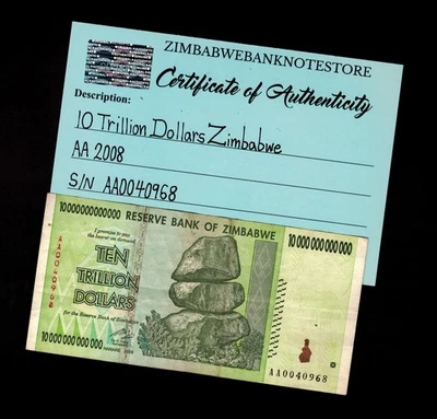 10 万亿津巴布韦美元钞票 AA 2008 正品低序列 # AA0040968 — 第 1/3 张图片