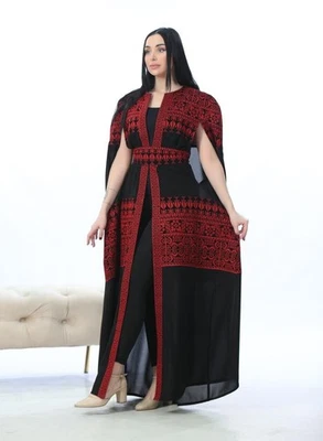 Bisht bordado para mujer tradicional Tatreez árabe rojo sin mangas Abaya - Imagen 1 de 4
