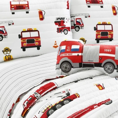 Fire Truck Quilt 3 Piece Set, Twin, Red & Whit - Reversible Stripe Print Todd... - Image 1 of 4
