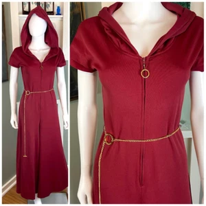 Vintage 70s Burgundy Hooded Palazzo Pants Bell Bottom Jumpsuit Zip Wide Leg M - Picture 1 of 13