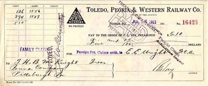 1913,TOLEDO, PEORIA & WESTERN RAILWAY CO, PEORIA ILL, CHECK - Picture 1 of 2