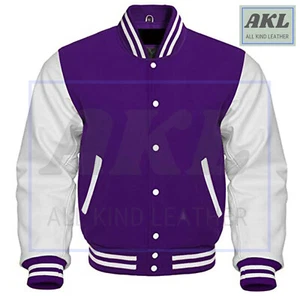 Varsity Jacket Letterman Purple Wool Genuine White Leather Sleeves XS - 4XL - Imagen 1 de 9