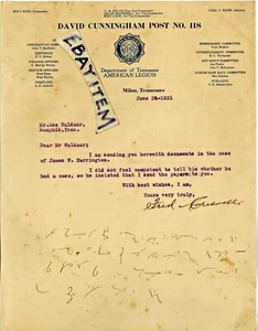 1931 Fred Criswell Milán Tennessee Legión Americana David Cunningham - Imagen 1 de 1
