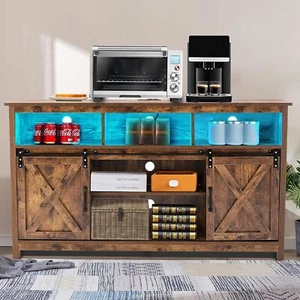 57'' LED Farmhouse Coffee Bar Cabinet Sliding Barn Door TV Stand w/ Power Outlet - Picture 1 of 24