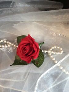 OPEN RED ROSE BUTTONHOLE - ARTIFICIAL FLOWER - WEDDINGS - VERY REALISTIC 