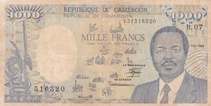 Camerún, 1000 francos, 1989, p26a, número de serie: B07 516320 - Imagen 1 de 2
