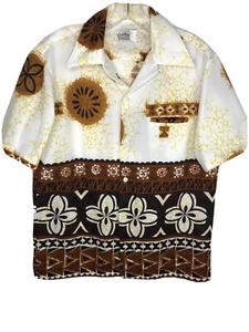 Vtg Malihini Hawaiian Shirt Medium Loop Collar Brown Floral Tribal Rockabilly - Picture 1 of 9