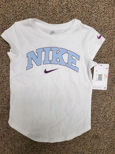 New Nike Girls Small S Just Do It Swoosh Graphic White Tee T Shirt Blue Logo - Picture 1 of 5