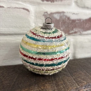 VTG MULTI Color Stripe West Germany Tinsel Round Ball Glass Christmas Ornament - Picture 1 of 9