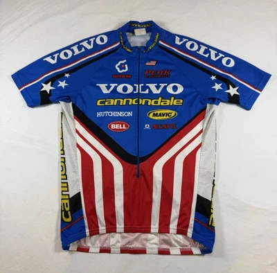 Camiseta deportiva de ciclismo grande para hombre Cannondale Volvo roja blanca azul media cremallera bolsillos EE. UU. Foto 1 de 4