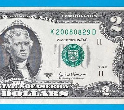 2008 August 29 (K 20080829 D) BIRTHDAY Note $2 Two Dollar Bill *AU* - Image 1 of 4