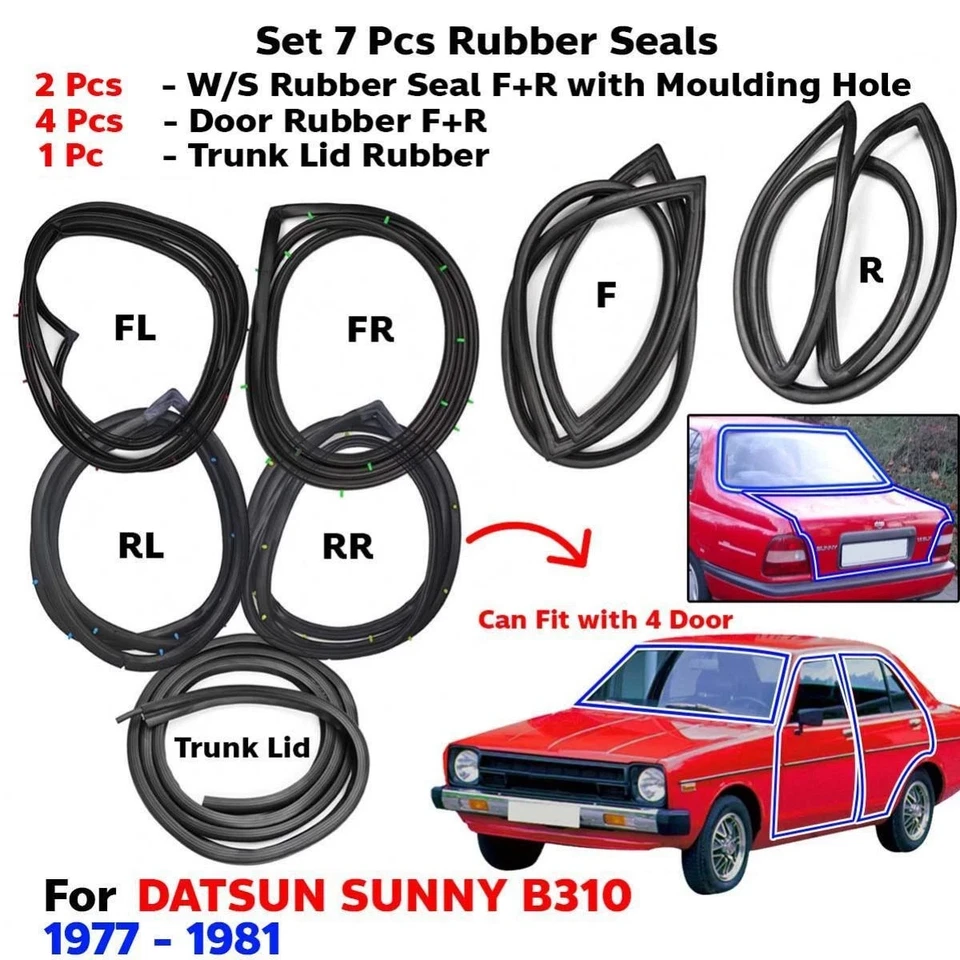 For Nissan Sunny B310 Datsun 210 Sedan Windshield- Door Weatherstrip Seal Set 7 - Image 1 of 4