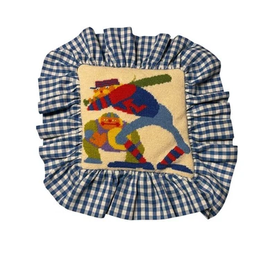Vintage Needlepoint Cottagecore Baseball Player Pillow Blue Gingham Ruffle Trim  - Image 1 of 3