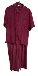 Talbots Silk Two Piece Set Size 14 Red Pattern Button Up Top Elastic Waist Pants - Picture 1 of 13