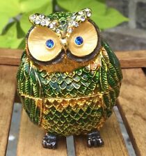 Bejeweled Crystal Owl Magnetic Trinket Box Hinged Lid Gold Emerald Green 