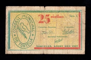 F.C. TORTELLÁ (GERONA) , 25 CENTIMOS 1937 , SERIE C , B/C . - Bild 1 von 2