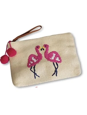 Old Navy Woven Faux Wicker Straw Flamingo Pink Pom Pom Wristlet Clutch Bag Purse - Image 1 of 4