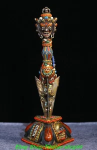12.6" Old Tibet Iron Painting Turquoise Mahakala Phurba Dagger Holder Faqi - Picture 1 of 9