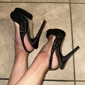 Vintage Y2K Bebe Platform Sexy Black Suede Studded Heels Stilettos 5.5 - Picture 1 of 6