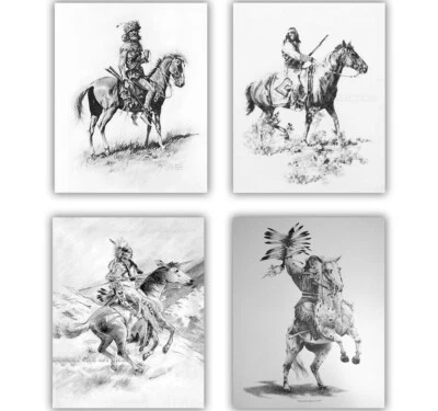 Juego de 4 impresiones artísticas de indios nativos americanos Remington en blanco y negro decoración de pared vintage 8x10 Foto 1 de 4
