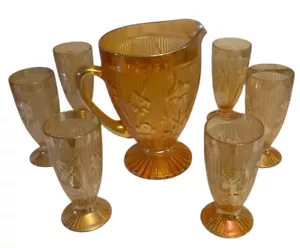 Jeanette Iris & Herringbone marigold pitcher with matching 6 Water Glasses - Picture 1 of 4