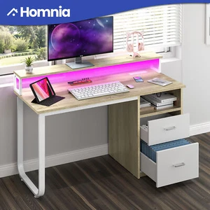 47" Home Office Desk Computer Table File Drawers Shelves LED Light w/ Power Hub - Picture 1 of 11