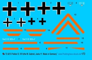 Peddinghaus-Decals 1/72 4213 Fokker D.VII Vzfw W.Gabriel, Jasta 11 - Photo 1 sur 1