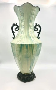 Beautiful Vtg Vase Metal Chinese 18” Decorative Greenish/White Rustic Handled - Picture 1 of 12
