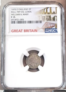 1693/2 ENGLAND SILVER 2 PENCE WILLIAM & MARY NGC F 15 EXTREMELY RARE OVERDATE - Picture 1 of 3