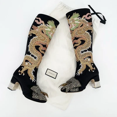 Gucci Black Silk Satin Candy Dragon Embroidered Crystal Bow Heeled Boot EU 37 - Image 1 of 4