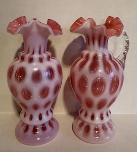 Fenton Cranberry Opalescent Coin Dot 6.5” Vase & Pitcher Vase Set - Picture 1 of 7