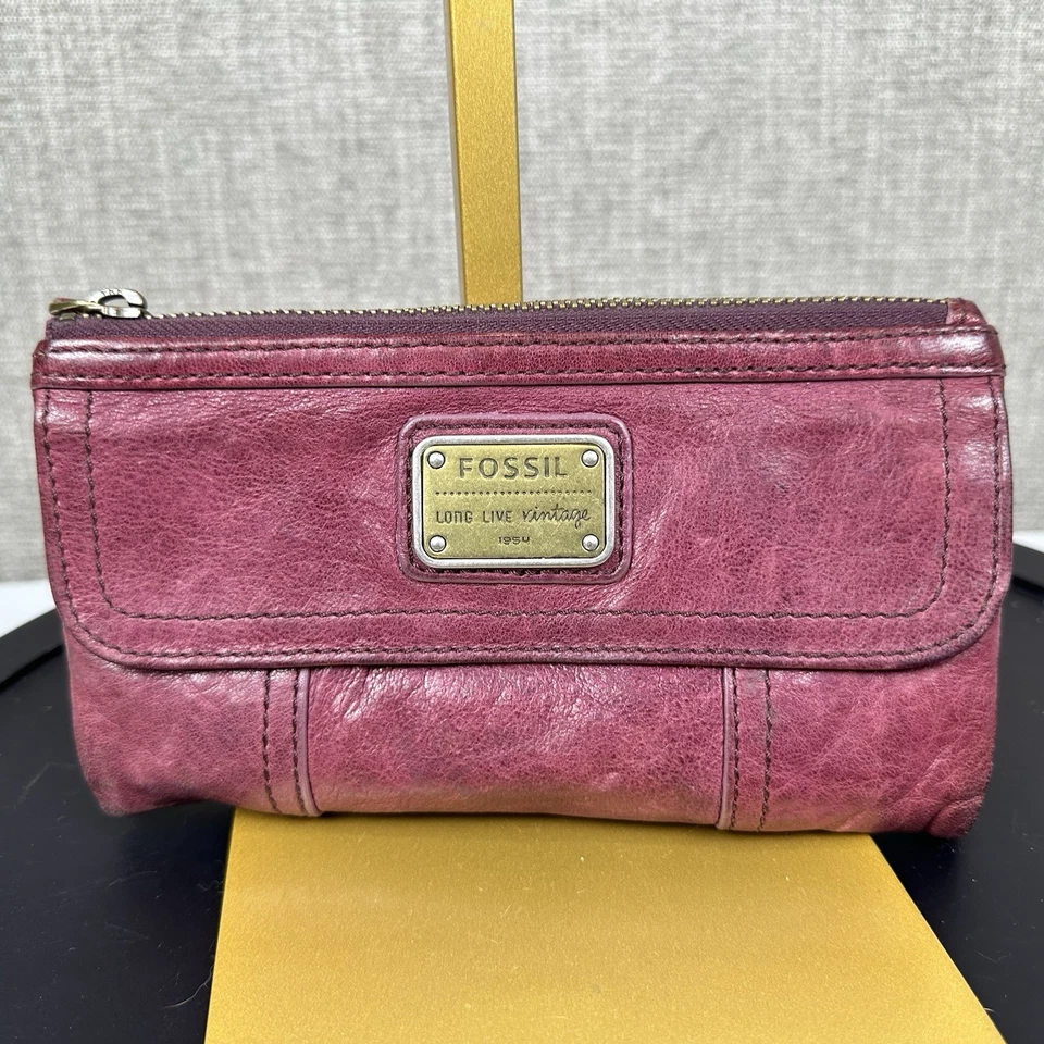 Cartera larga de cuero muy suave Fossil Long Live vintage 1954 piel de cordero magenta Foto 1 de 4