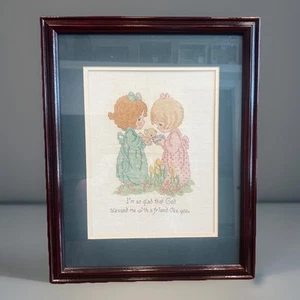 Vtg Cross Stitch Finished Precious Moments Girls Friend Matted And Framed 20x16 - Picture 1 of 6