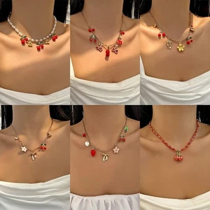 Adjustable Bohemia Style Bow Pearl Necklace with For CHERRY Pendant for Women - Picture 1 of 40